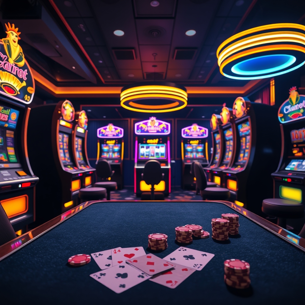 OX Game Casino gaming lounge atmosphere with neon slot machines and playing cards